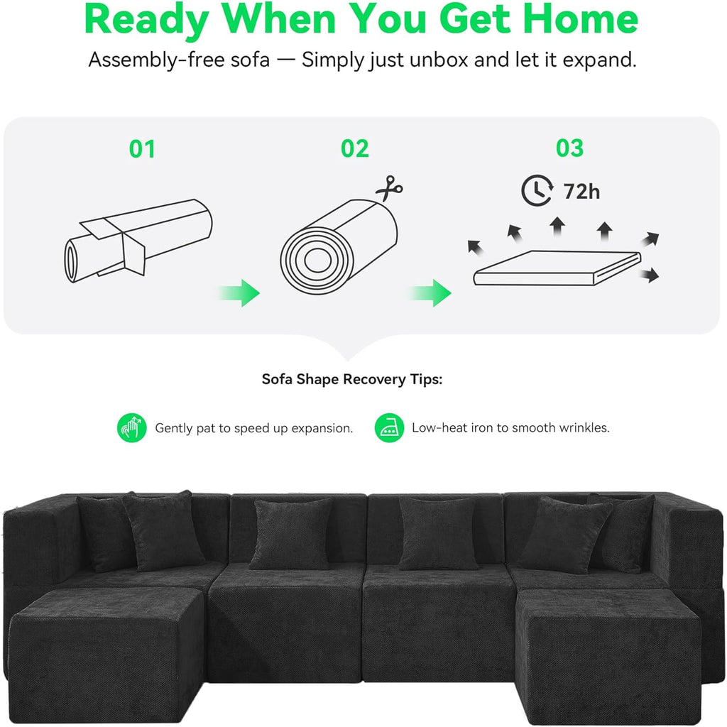 MONVANE 130'' Oversized Boneless Sectional Couches for Living Room, 6-Seat U Shaped Cloud Couch, Modular Sofa with Ottoman & 6 Throw Pillows, Comfy Chenille, No Assembly Required, Black