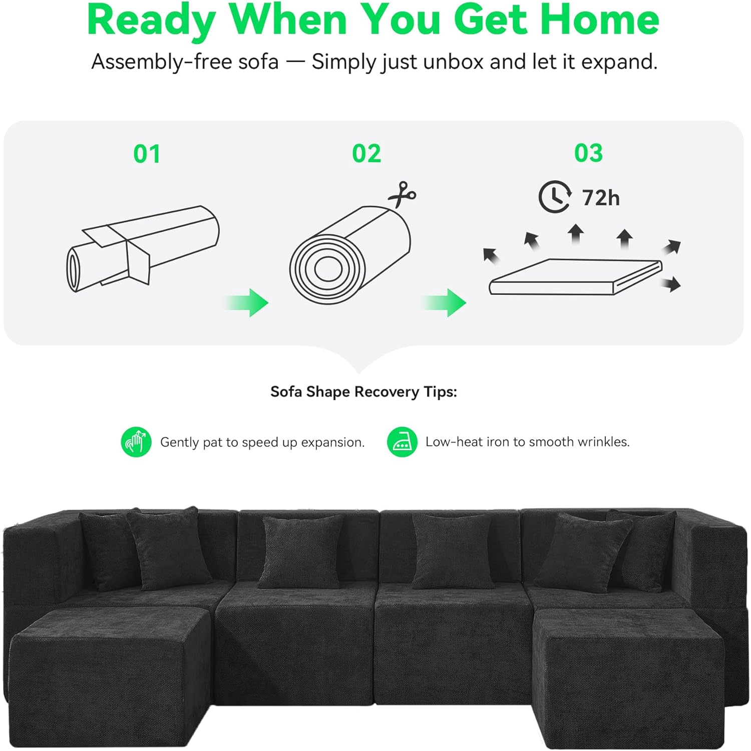 MONVANE 130'' Oversized Boneless Sectional Couches for Living Room, 6-Seat U Shaped Cloud Couch, Modular Sofa with Ottoman & 6 Throw Pillows, Comfy Chenille, No Assembly Required, Black