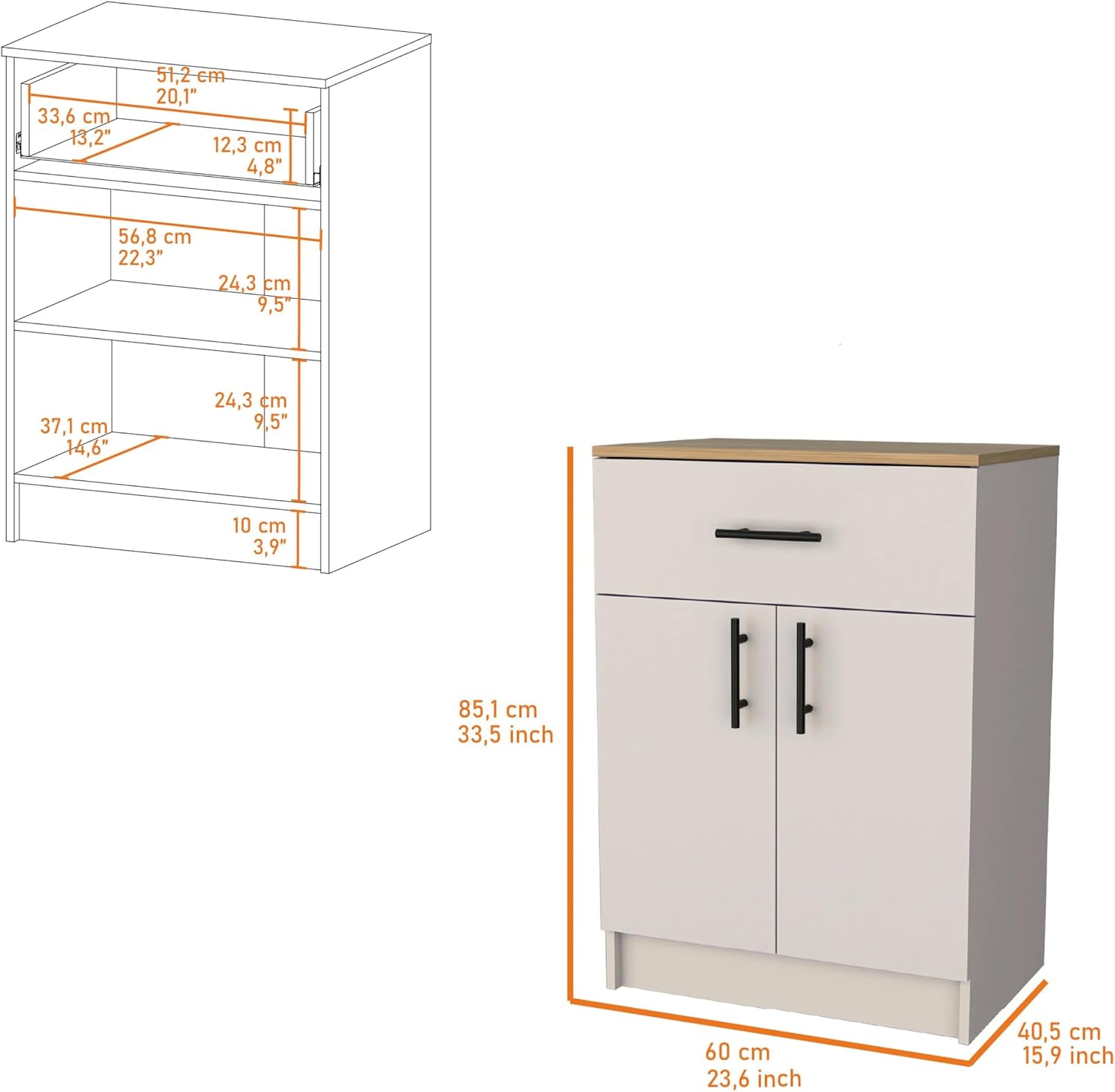 Ivory and Natural Oak 2-Door Kitchen Pantry with 1 Drawer,Buffet Kitchen Sideboard,for Kitchen,Dining Room,15.9 * 23.6 * 33.5