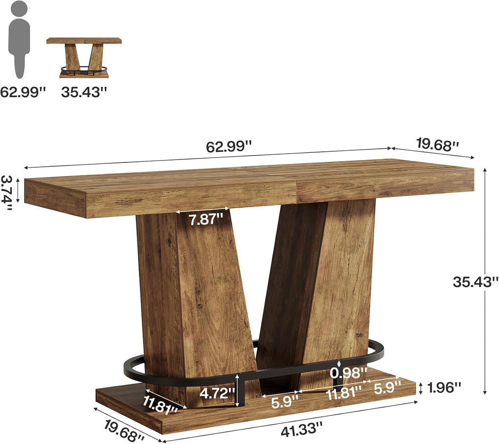 Tribesigns 62.99" Industrial Bar Table for 4-6, Rectangle Counter Height Pub Table with Metal Footrest, Home Bar Units for Pub, Bistro, Kitchen, Balcony, Dining Room, Living Room (Rustic Brown)