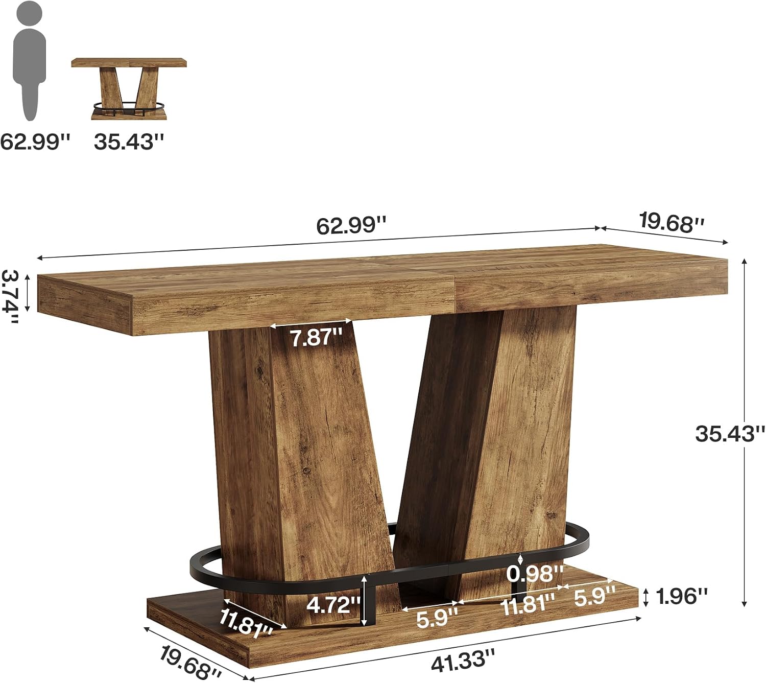 Tribesigns 62.99" Industrial Bar Table for 4-6, Rectangle Counter Height Pub Table with Metal Footrest, Home Bar Units for Pub, Bistro, Kitchen, Balcony, Dining Room, Living Room (Rustic Brown)