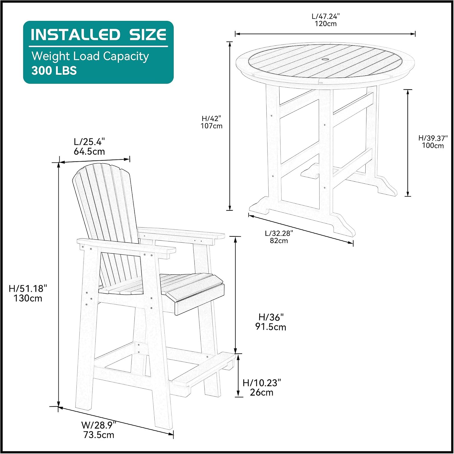 Outdoor Patio Table Bar Height Table and Bar Chairs Set of 4, for Garden Backyard Poolside Balcony, Umbrella Hole (5 PCS, Grey and White)