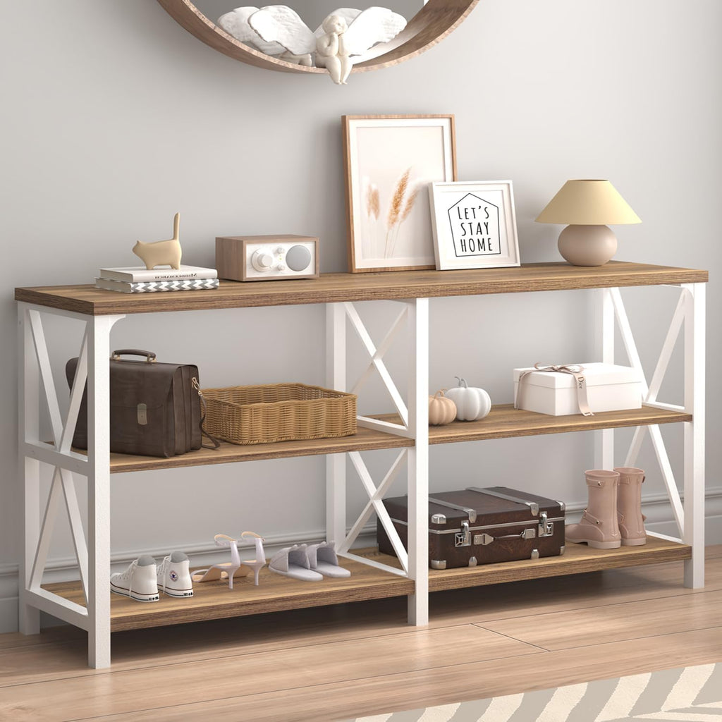 IBF Industrial Console Tables for Entryway, White and Rustic Oak, 63in | Farmhouse 3 Tier Wood and Metal Entryway Table with storage, Long Narrow Sofa Table Behind Couch