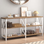 IBF Industrial Console Tables for Entryway, White and Rustic Oak, 63in | Farmhouse 3 Tier Wood and Metal Entryway Table with storage, Long Narrow Sofa Table Behind Couch
