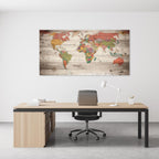 Vintage World Map Wall Art, Large Antique Style Map on Wood Plank Background, Retro Political World Map Poster for Living Room, Office, Study Decor, Canvas Print/Wall Decor