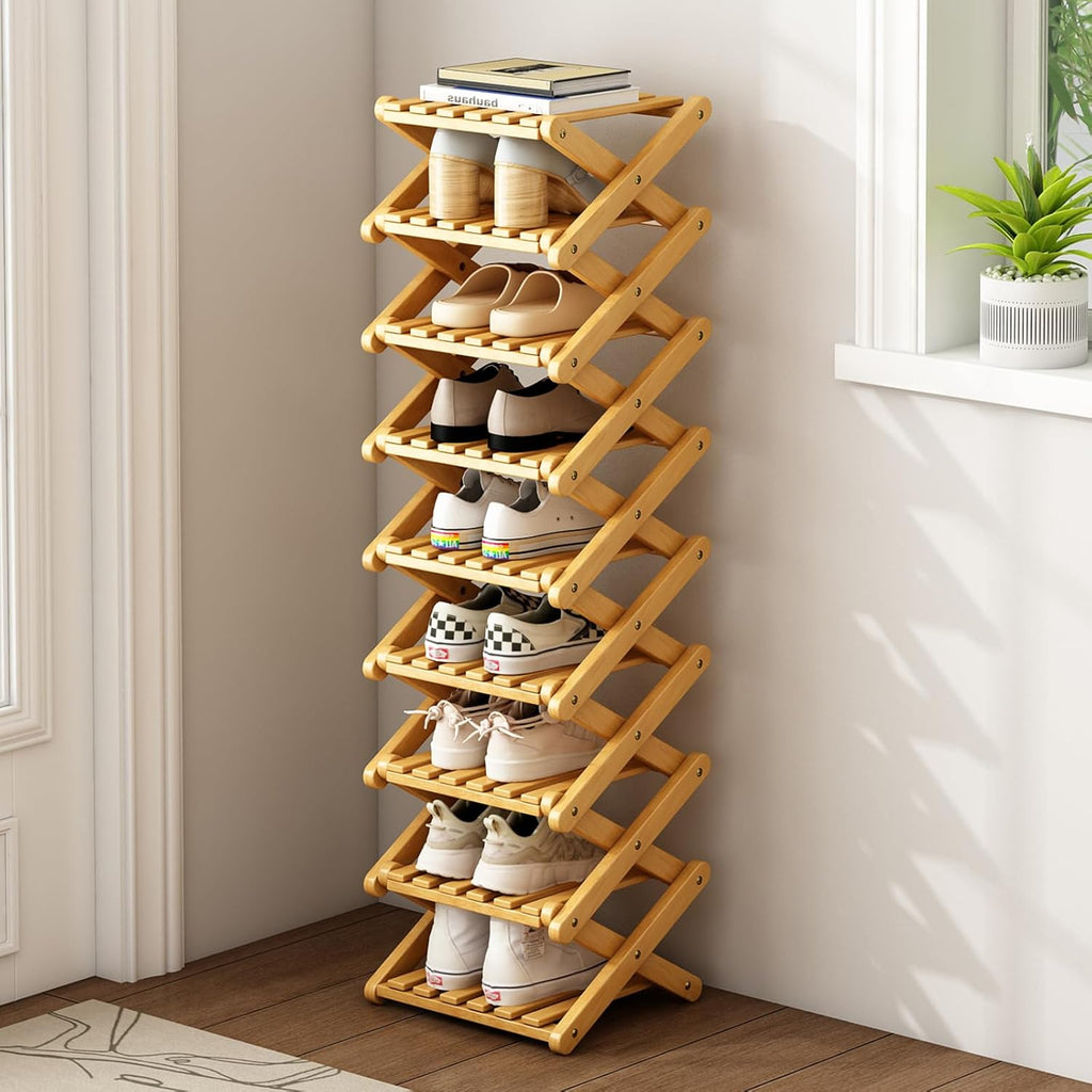 Bamboo Foldable Shoe Rack, 9 Tier Portable Shoe Storage Rack, Multi Functional Narrow Vertical Shoe Racks, Shoe Shelf for Entryway, Corner, Bedroom, Hallway, Balconies, Small Space