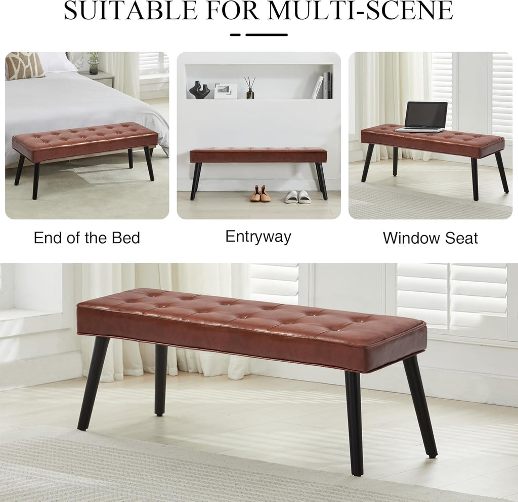 LOULENS Entryway Bench, Modern PU Leather Upholstered Bench with Buttons Tufted for End of Bed, Bedroom, Living Room, Foyer, Hallway, Brown