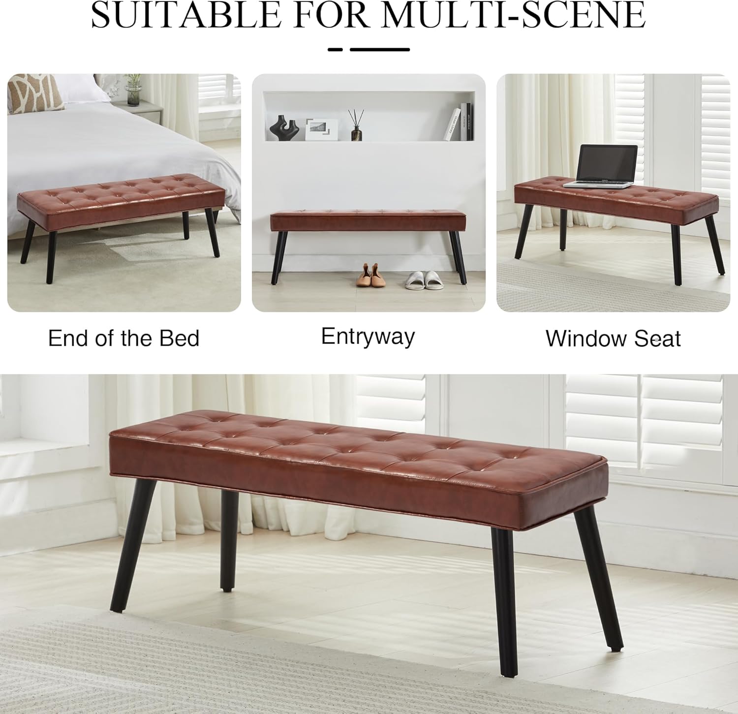 LOULENS Entryway Bench, Modern PU Leather Upholstered Bench with Buttons Tufted for End of Bed, Bedroom, Living Room, Foyer, Hallway, Brown