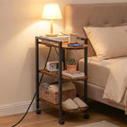 HOOBRO End Table, Rolling Narrow Side Table with Charging Station, with Adjustable Feet and Wheels, Narrow Slim Beside Table for Small Spaces, Living Room, Rustic Brown and Black BF365UBZ01