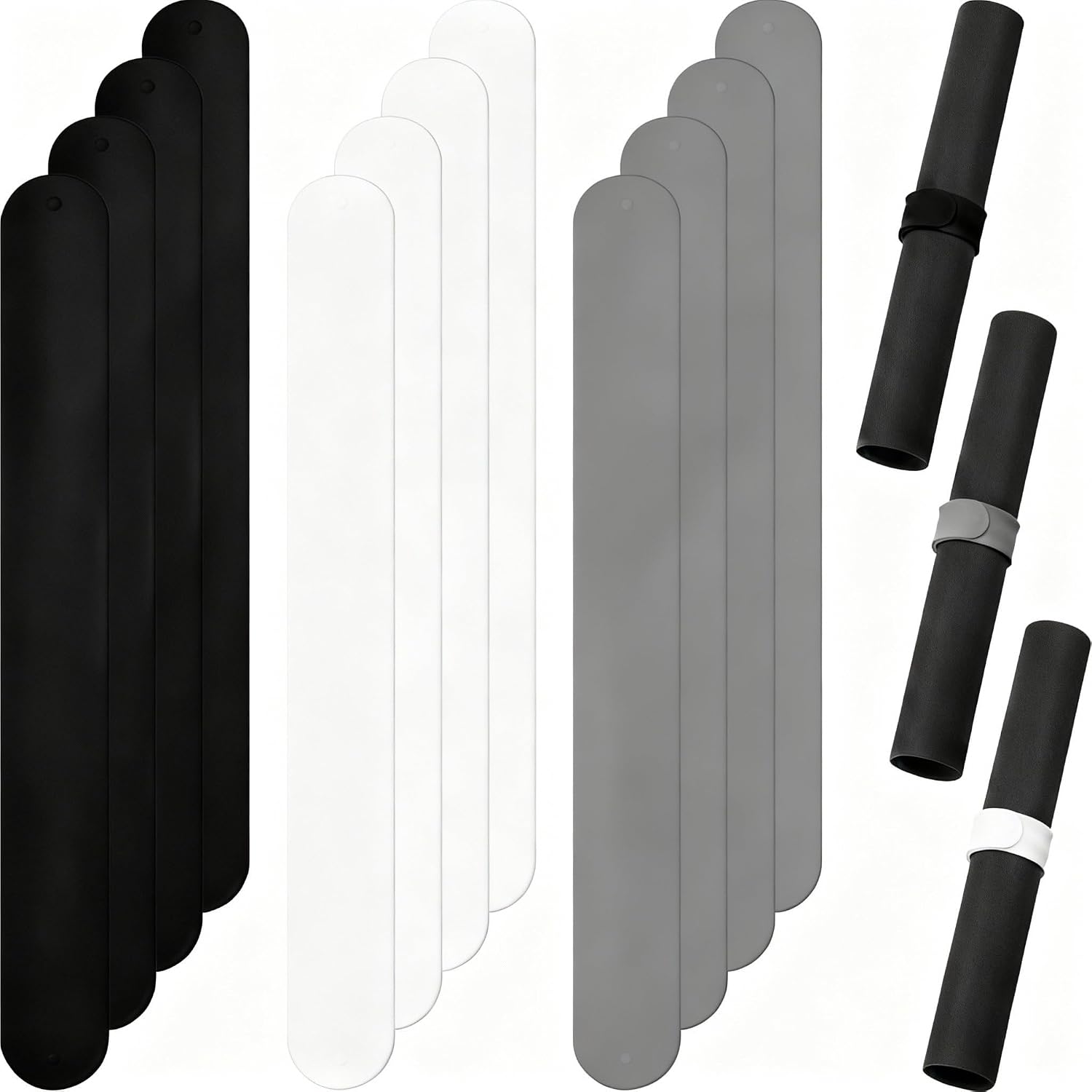 Charniol 12 Pieces Wrapping Paper Roll Holder Holiday Flip Wraps Silicone Covered Metal Strips Flip 1 x 9 Inch Stabilizer Slap Band for Poster Gift Paper Vinyl Storage Organize (Black,White,Gray)