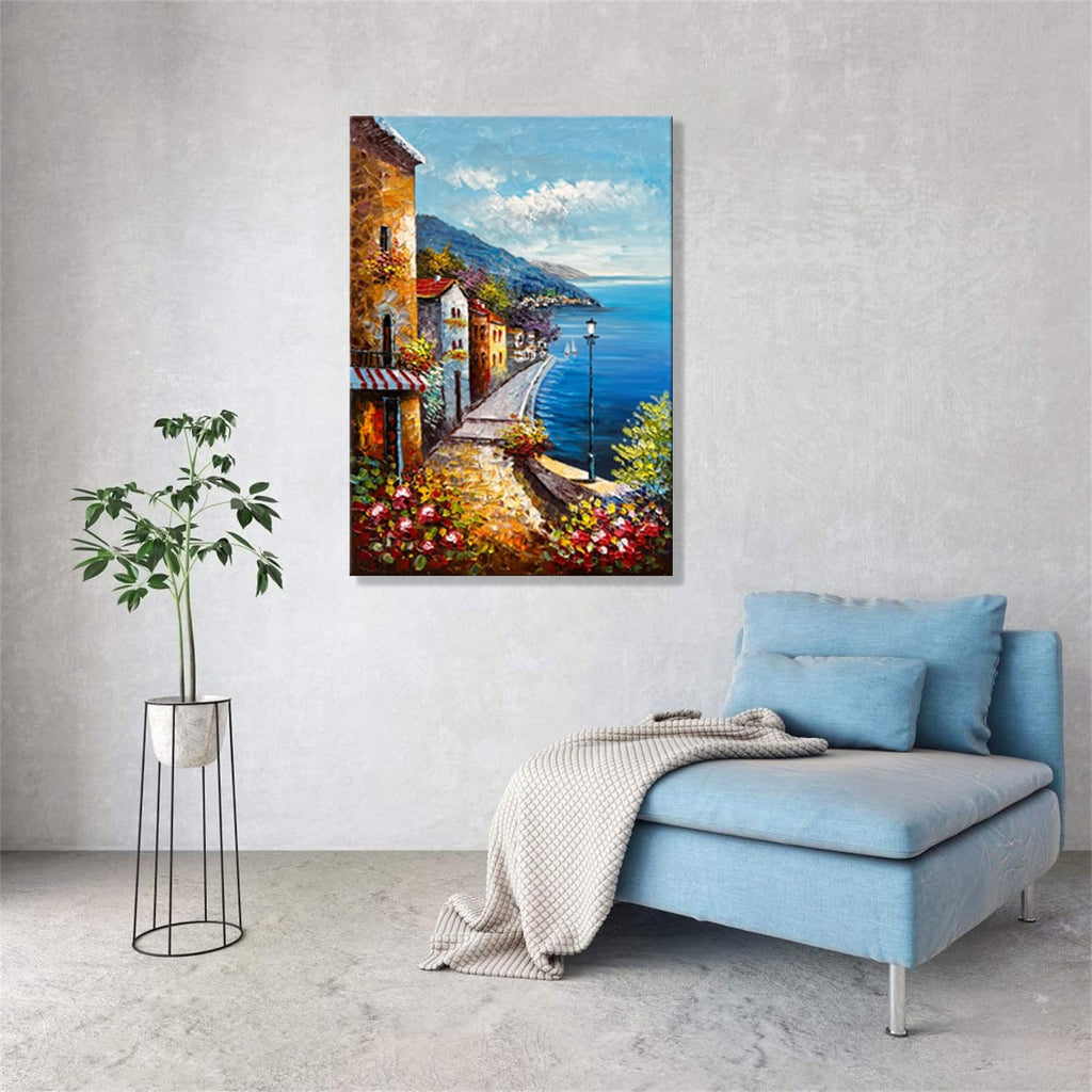 Alenoss Hand Painted Acrylic Large Abstract Modern Oil Paintings on Canvas 28x40 Inches Vertical Wall Art Mediterranean Sea Cityscape Blue Artwork Wall Decor Home Decorations