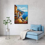 Alenoss Hand Painted Acrylic Large Abstract Modern Oil Paintings on Canvas 28x40 Inches Vertical Wall Art Mediterranean Sea Cityscape Blue Artwork Wall Decor Home Decorations