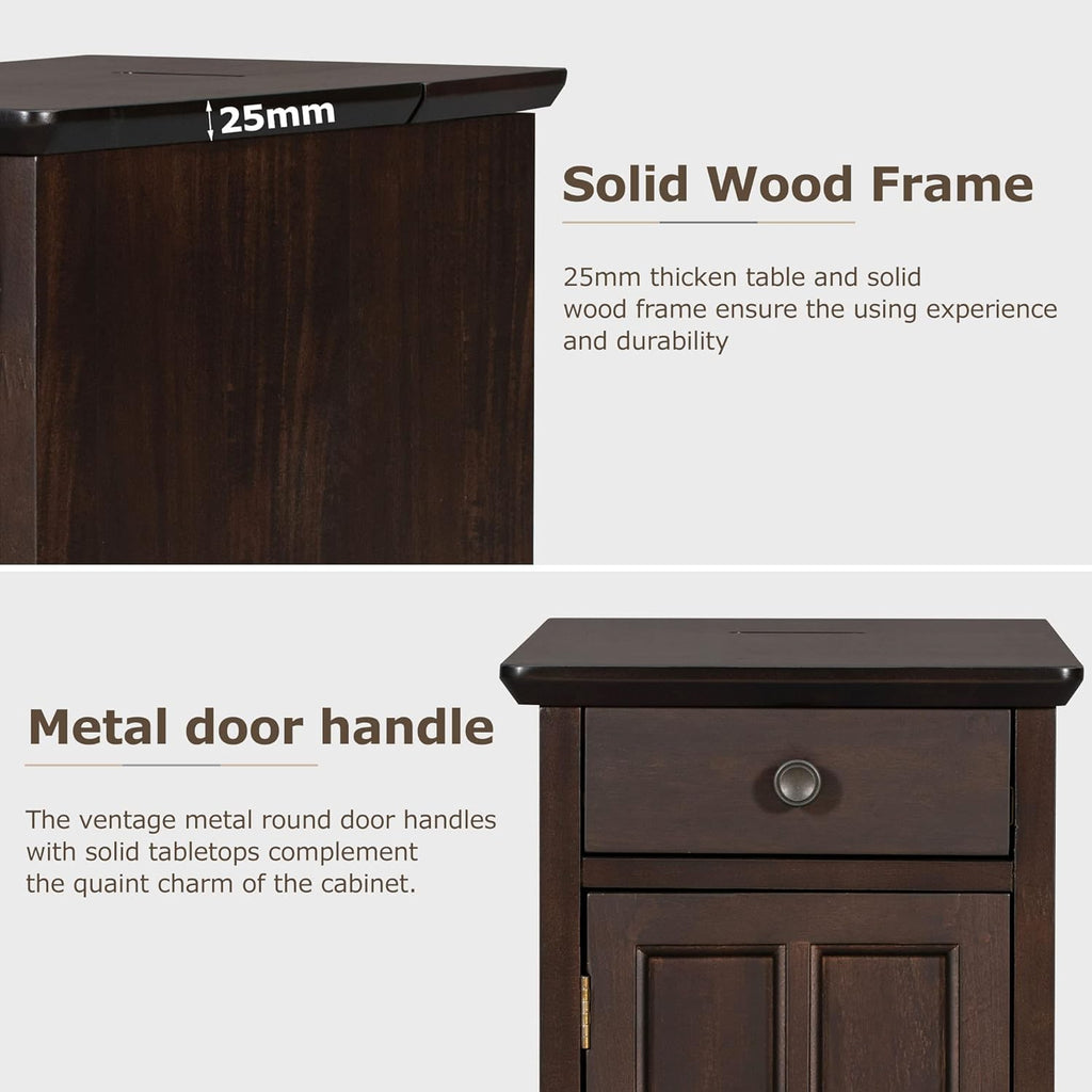 Traditional Wood End Table with Charging Station, Modern Vintage Sofa Chair Side Table Nightstand with Storage & Drawer for Living Room Bedroom, No Assembly, Antique Espresso