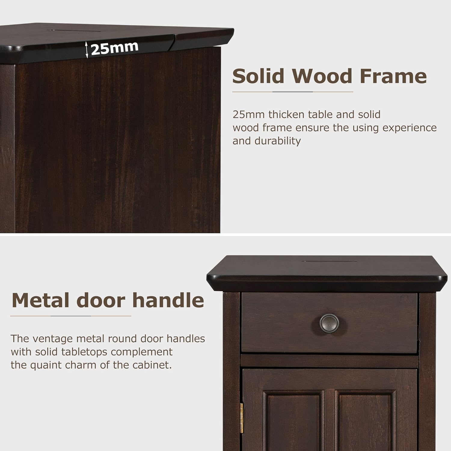 Traditional Wood End Table with Charging Station, Modern Vintage Sofa Chair Side Table Nightstand with Storage & Drawer for Living Room Bedroom, No Assembly, Antique Espresso