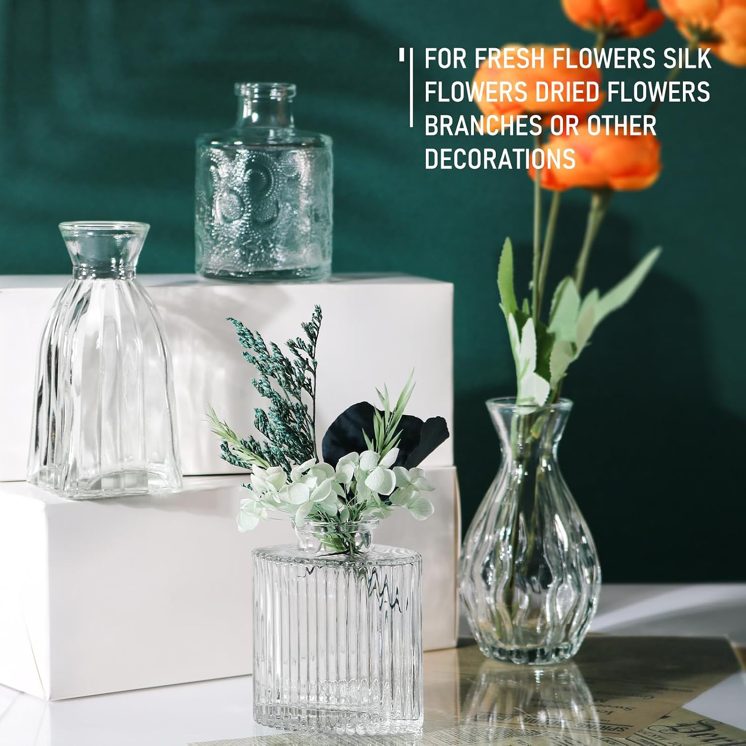 Glass Bud Vases Set of 4, 4 Sizes of Small Flower Vase for Party or Home Table Decorations