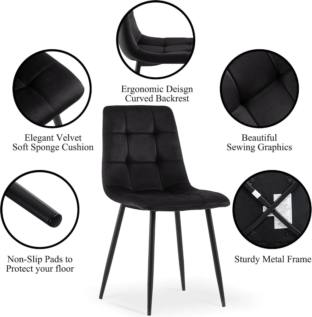 NORDICANA 5-Piece Dining Table Set, 47 in Modern Irregular Rectangle Kitchen Table & 4 Black Velvet Upholstery Side Chairs, Metal Legs, Dining Room Set for 4