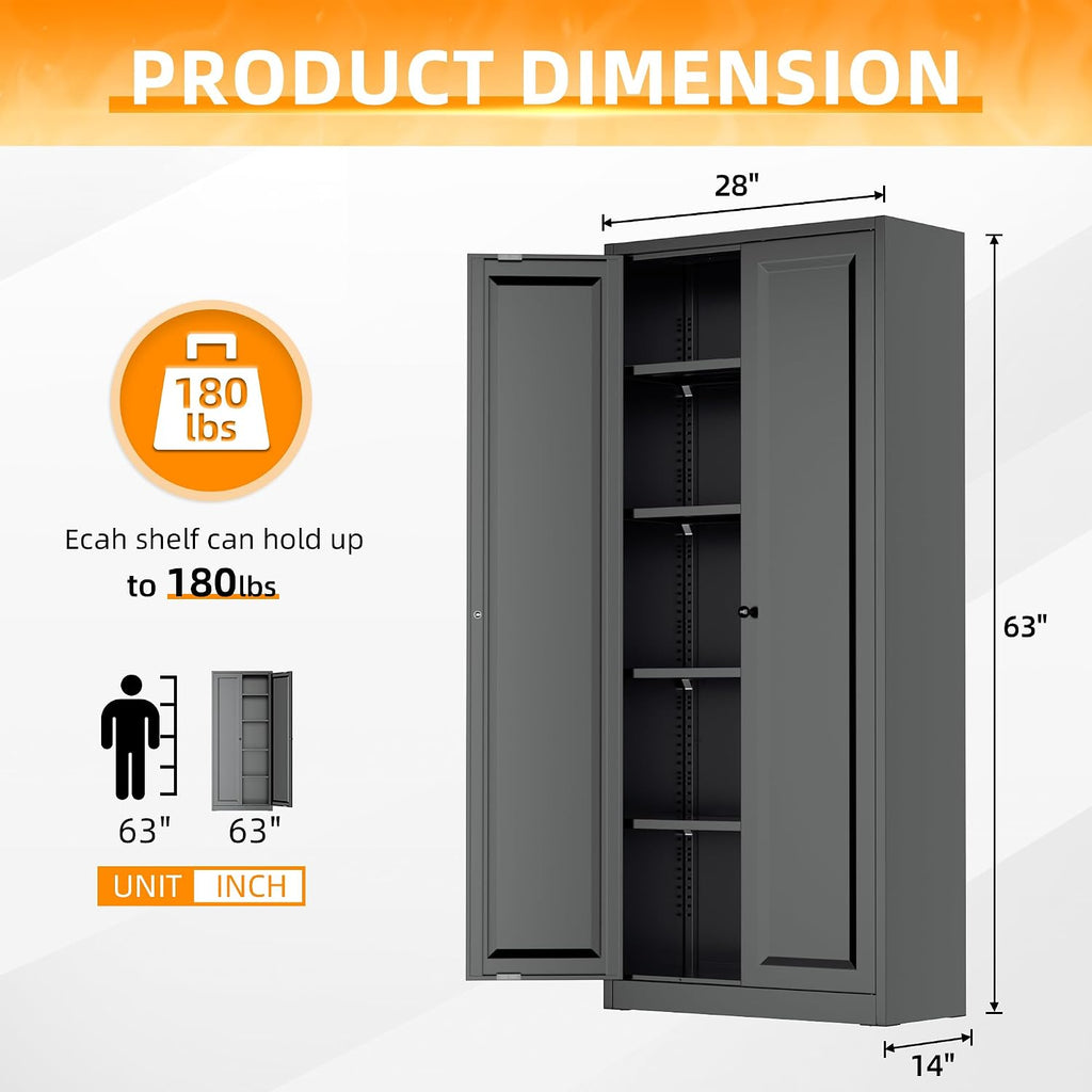 INTERGRAET Kitchen Pantry Cabinet, 63" Tall Metal Pantry Storage Cabinets with 2 Doors and 4 Shelves, Black Metal Storage Cabinet,Cupboard for Home,Kitchen,Living Room