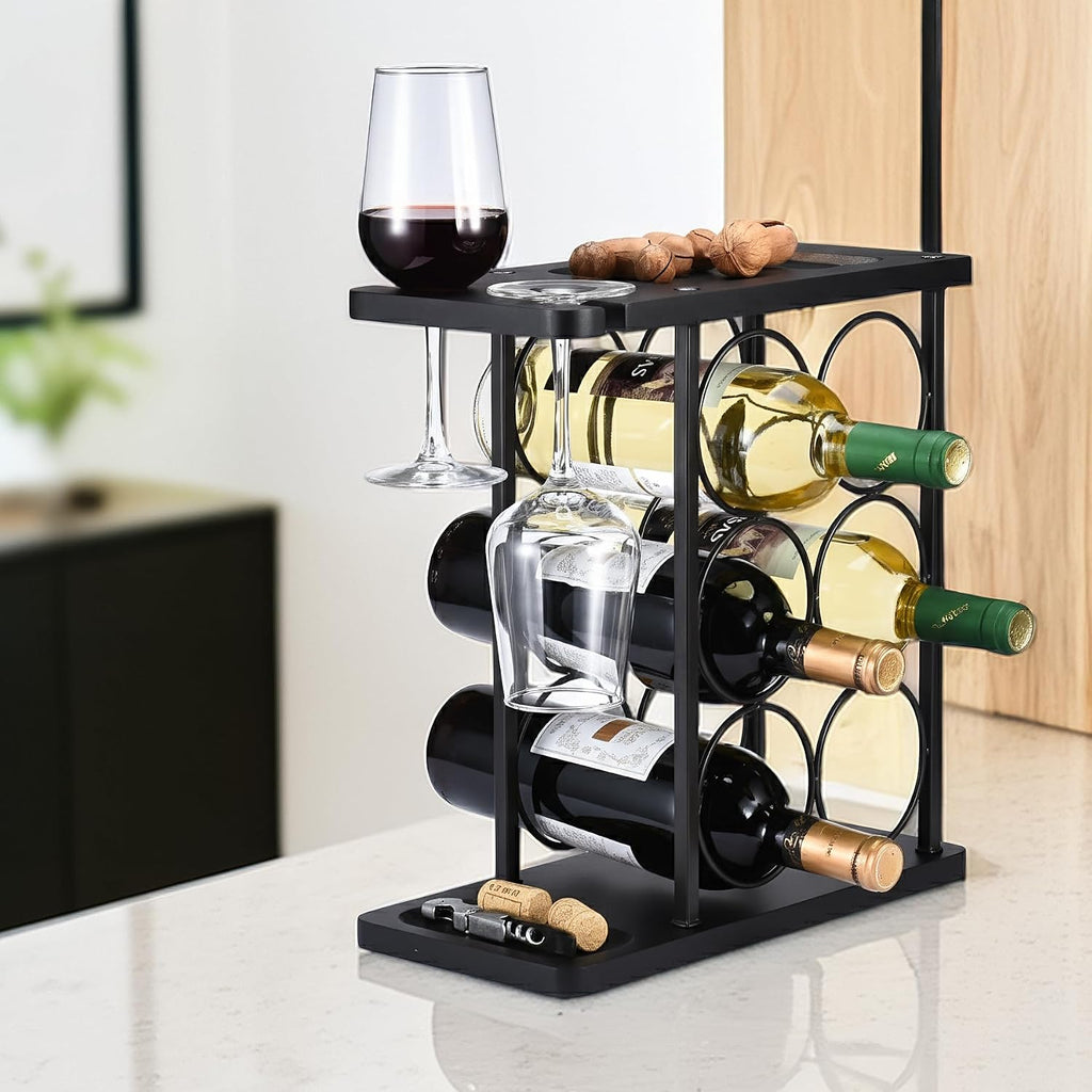 ALLCENER Modern Wine Rack Countertop, Matte Black 6 Bottle Wine Rack with Glass Holder, Metal Wine Holder Stand with Shelf & Corkscrew Tray for Home Bar & Kitchen