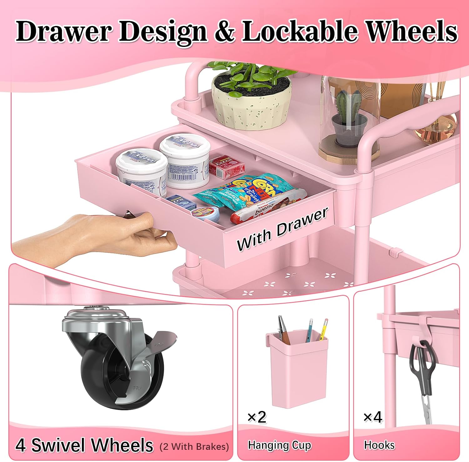 SUNALLY 4 Tier Rolling Cart with Drawer, Craft Storage Cart Organizer, Pink | Bathroom Storage Organizer with 2 Lockable Wheels, Rolling Utility Cart for Kitchen, Office, Baby, Makeup, Nail,Snack,Laundry