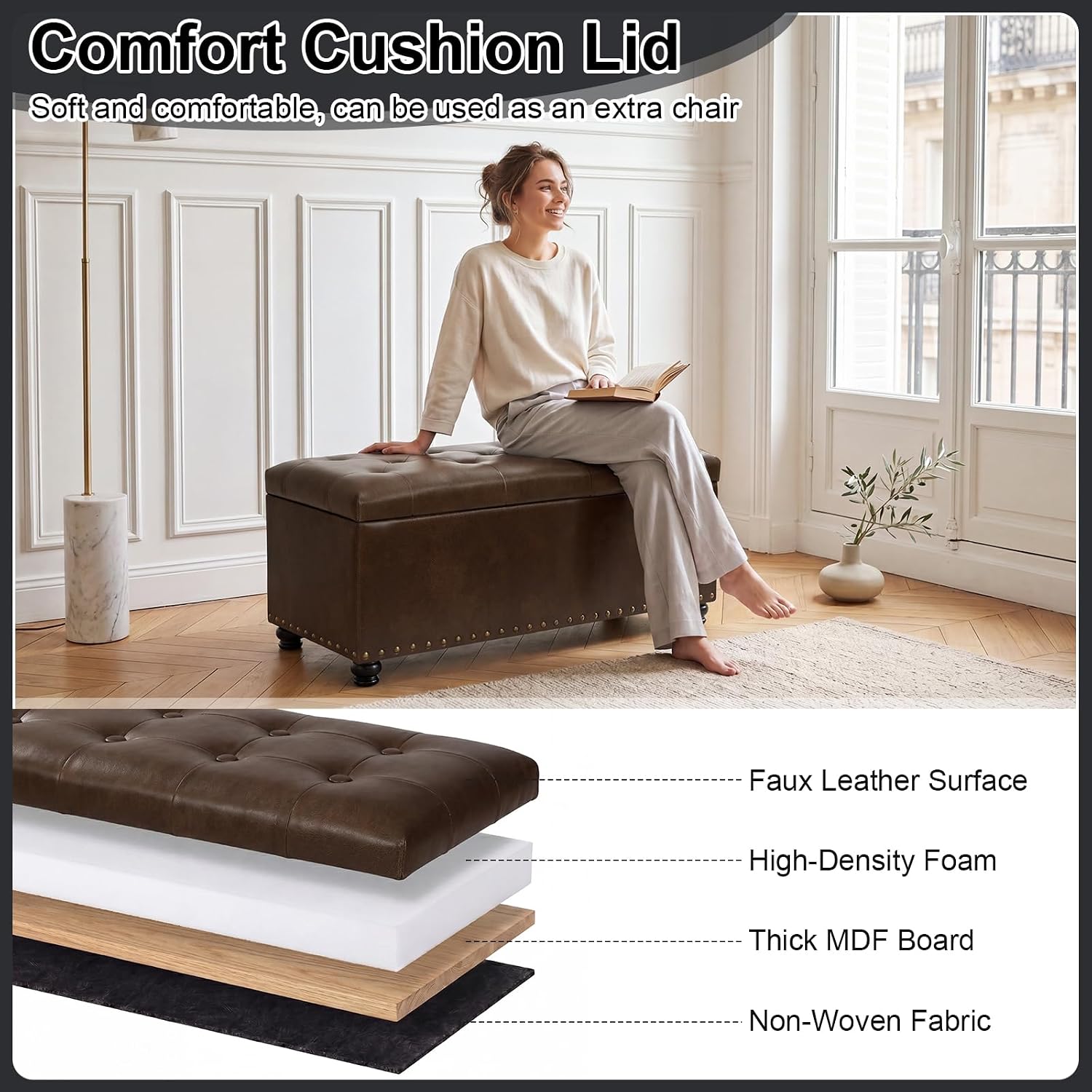 Asense Storage Ottoman Bench, Faux Leather Ottoman with Storage for Living Room Bedroom, Multi-Functional Storage Chest Foot Rest, Upholstered Bench for End of Bed, Entryway, 35.4" W
