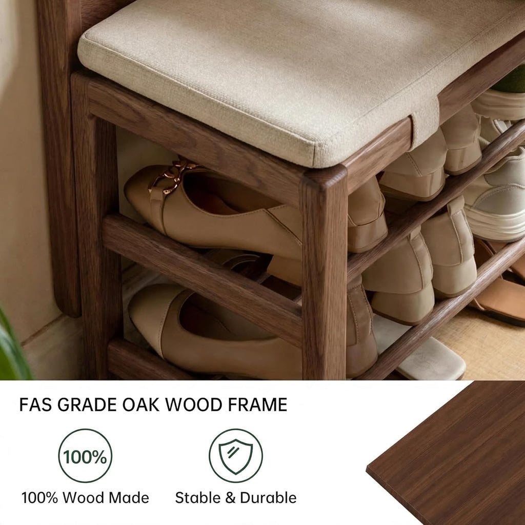 Oak Coat Rack, Solid Wood Hall Tree with Shoe Bench, 2-Tier Shoe Rack with 7 Hooks for Entryway, Hallway, 13.8" x 31.5" x 72.8", Walnut