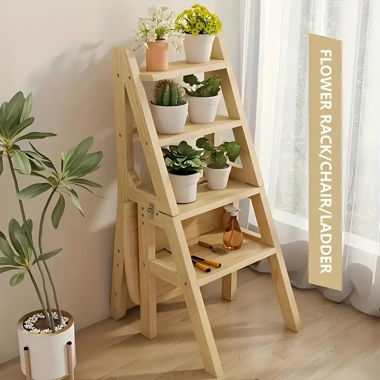 4 Tier Folding Step Ladder, 3-in-1 Wooden Folding Ladder Chair, Portable Multi-Function Step Stool, 198 lbs Capacity Indoor and Outdoor Display Rack Flower Rack,for Library,Home,Kitchen (Wood color)