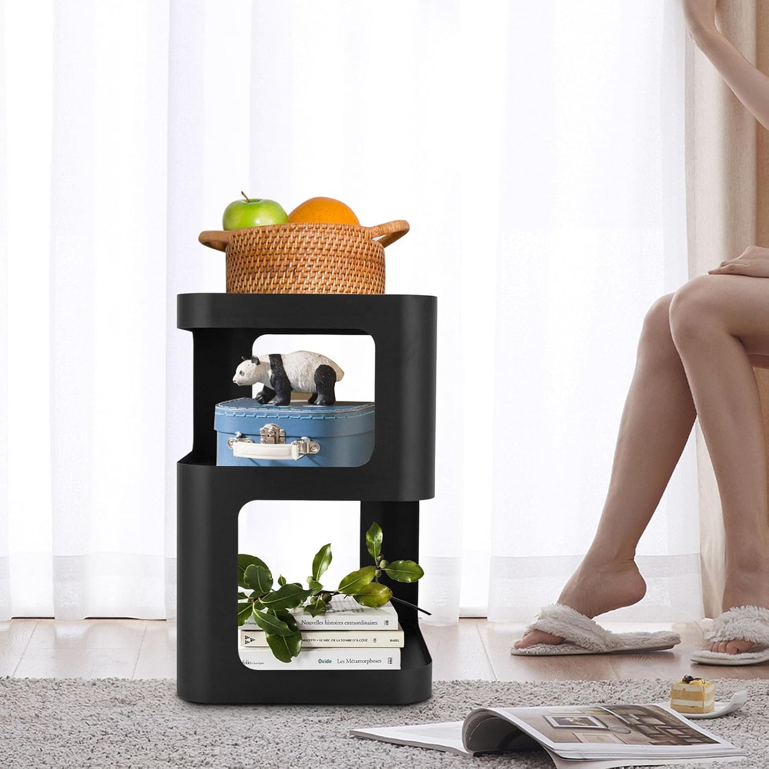 3 Tier Side Table, Black Carbon Steel End Table, Freestanding Modern Bedside Table for Living Room, Bedroom, Office, Sofa Side and Small Spaces