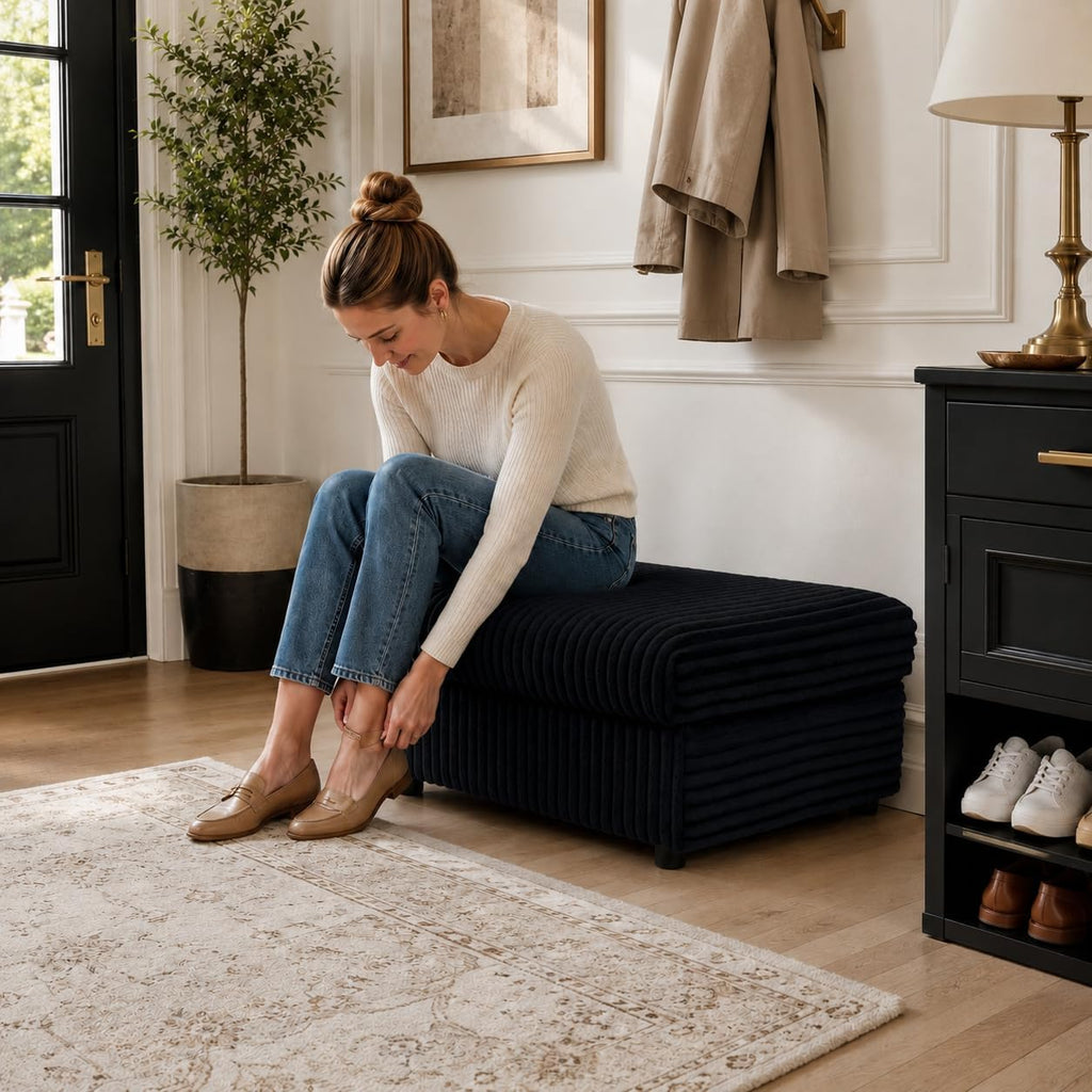 35.3" Corduroy Ottoman with Storage Oversized Ottoman for Modular Sectional Couches Foot Rest Stool with Hidden Compartment for Living Room, Apartment (Black, 35.3")