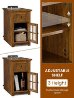 HIFYOBRO Narrow End Table with Flip Top Charging Station Set of 2, Storage Side Table with Drawer and Cabinet, Type-C & USB Port & Power outlets, Wooden Storage Cabinet for Bedroom/Living Room