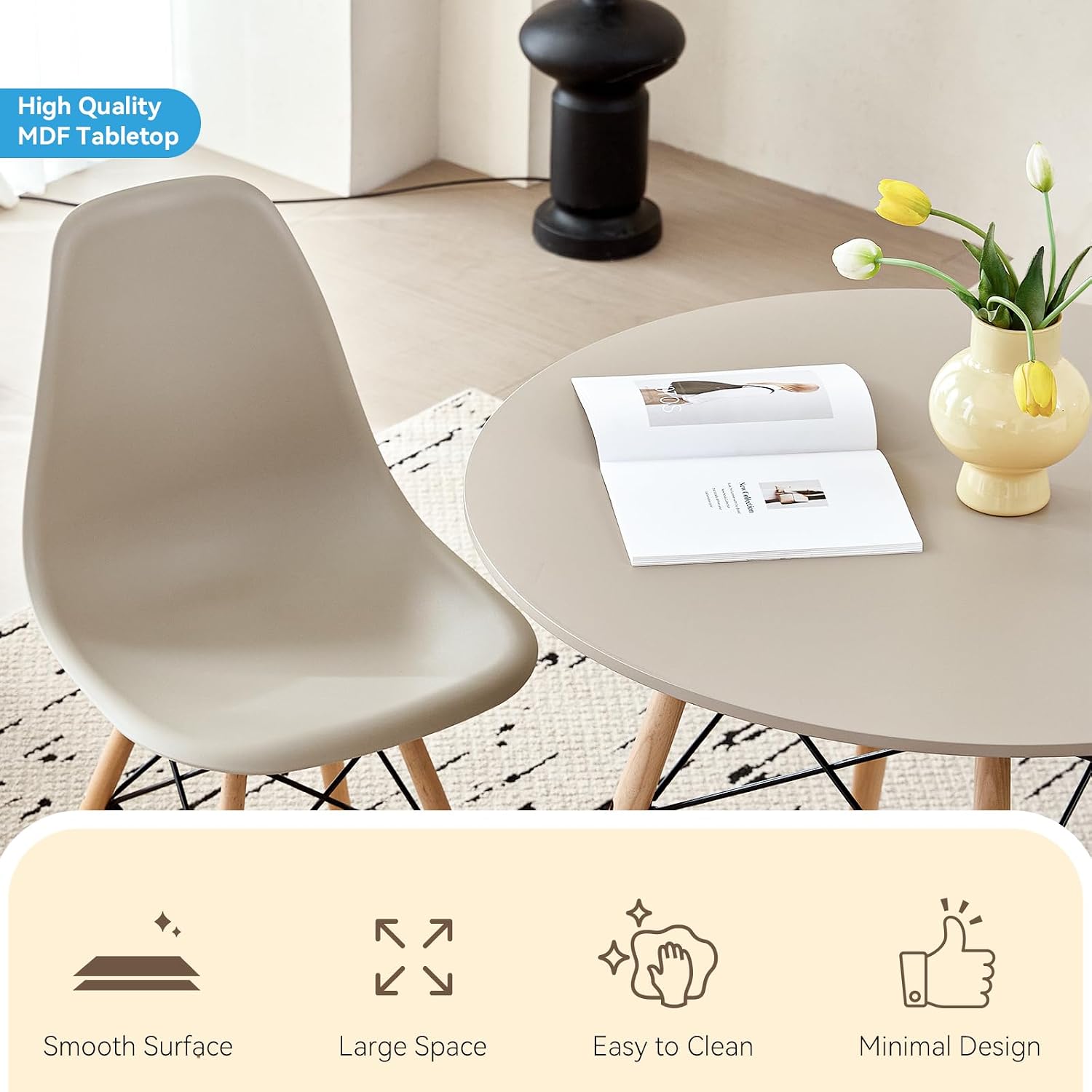 5-Piece Round Dining Table Set, Small 35.5" Kitchen Table Chairs Set of 4 Space Saving Furniture, Plastic Seats, Solid Wood Legs, for Living Room Apartment Office Home, Sand