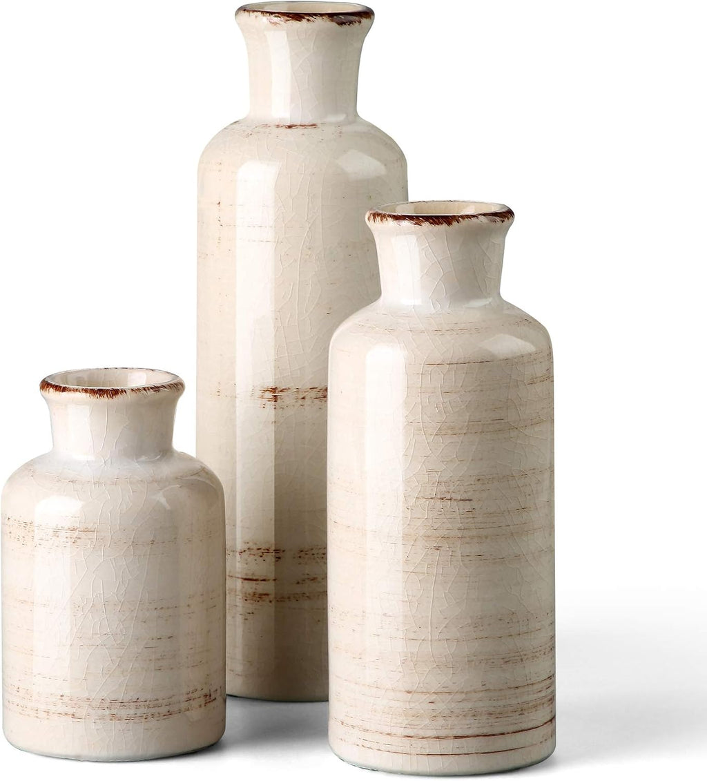 CwlwGO-Small White Ceramic Vase Set,Rustic Flower Vases for Home Décor,Flower Vase,Farmhouse Country Décor,Living Room Centerpiece Table Decorations,Shelf & Mantel Decor.