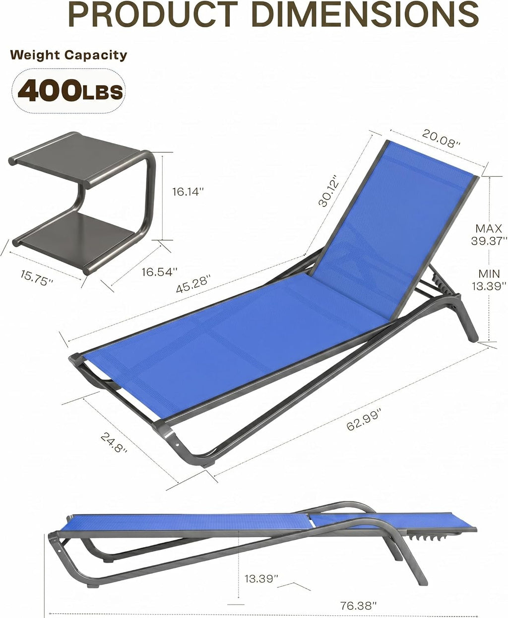 Aluminum Chaise Lounge Outdoor set of 2,Textilene Patio Lounge Chair with 6-Position Adjustable Backrest,Stackable & Easy Assembly,Lightweight for Pool,Deck,Balcony,Lawn,Light Gray,Royal Blue