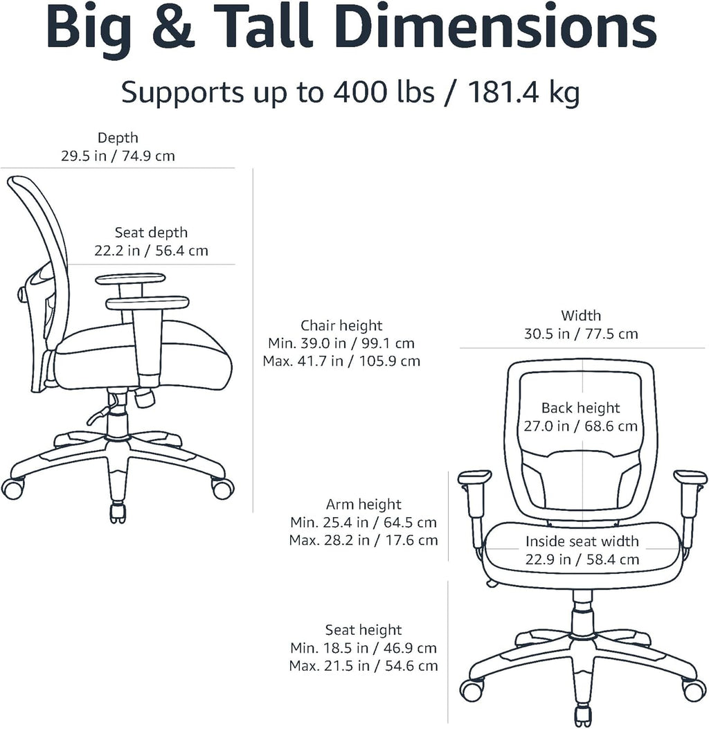 Amazon Basics Big and Tall Mesh Office Chair with Adjustable Armrests, Lumbar Support, Adjustable Height, 400lbs Capacity, Black