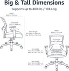 Amazon Basics Big and Tall Mesh Office Chair with Adjustable Armrests, Lumbar Support, Adjustable Height, 400lbs Capacity, Black