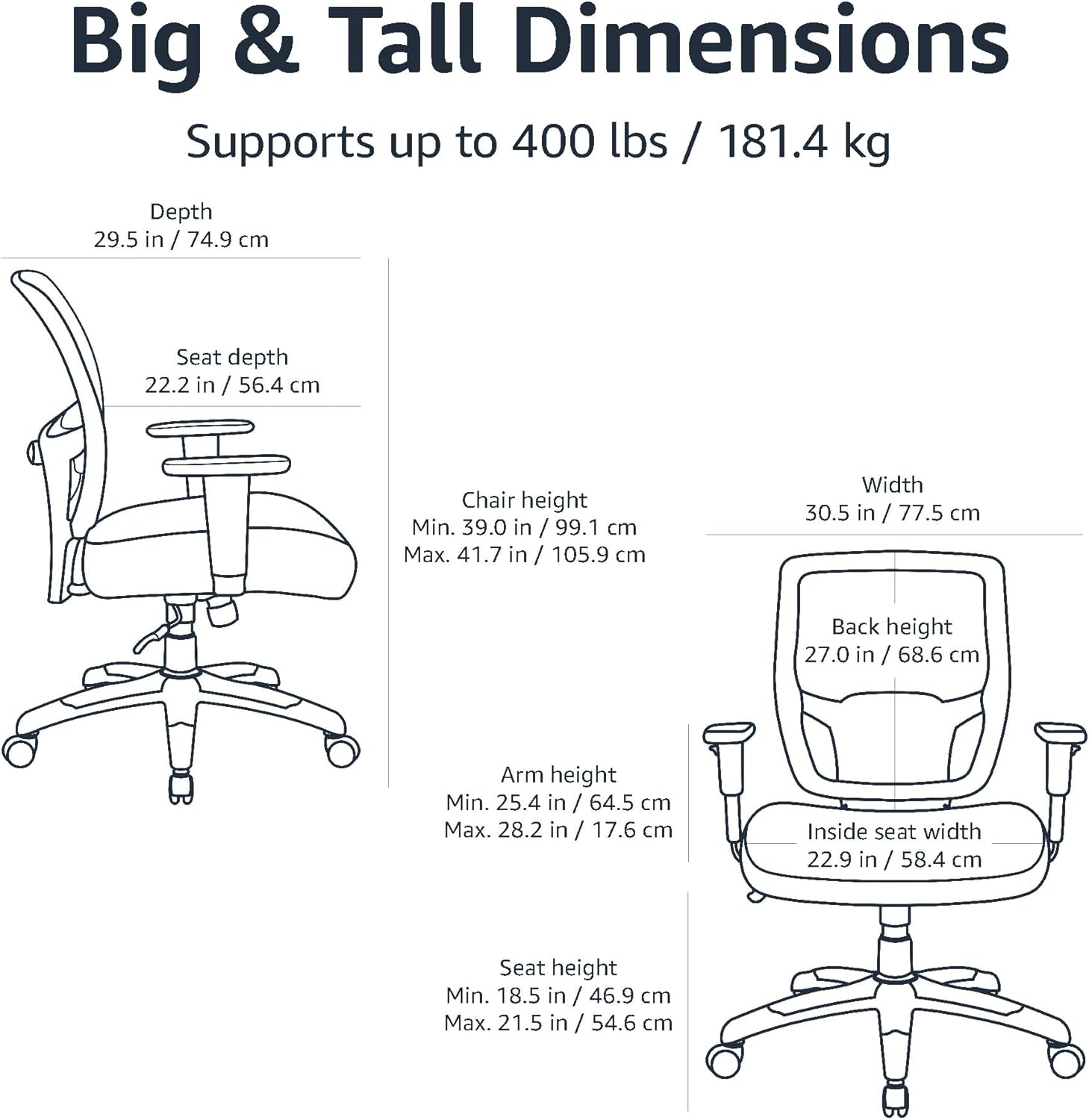 Amazon Basics Big and Tall Mesh Office Chair with Adjustable Armrests, Lumbar Support, Adjustable Height, 400lbs Capacity, Black