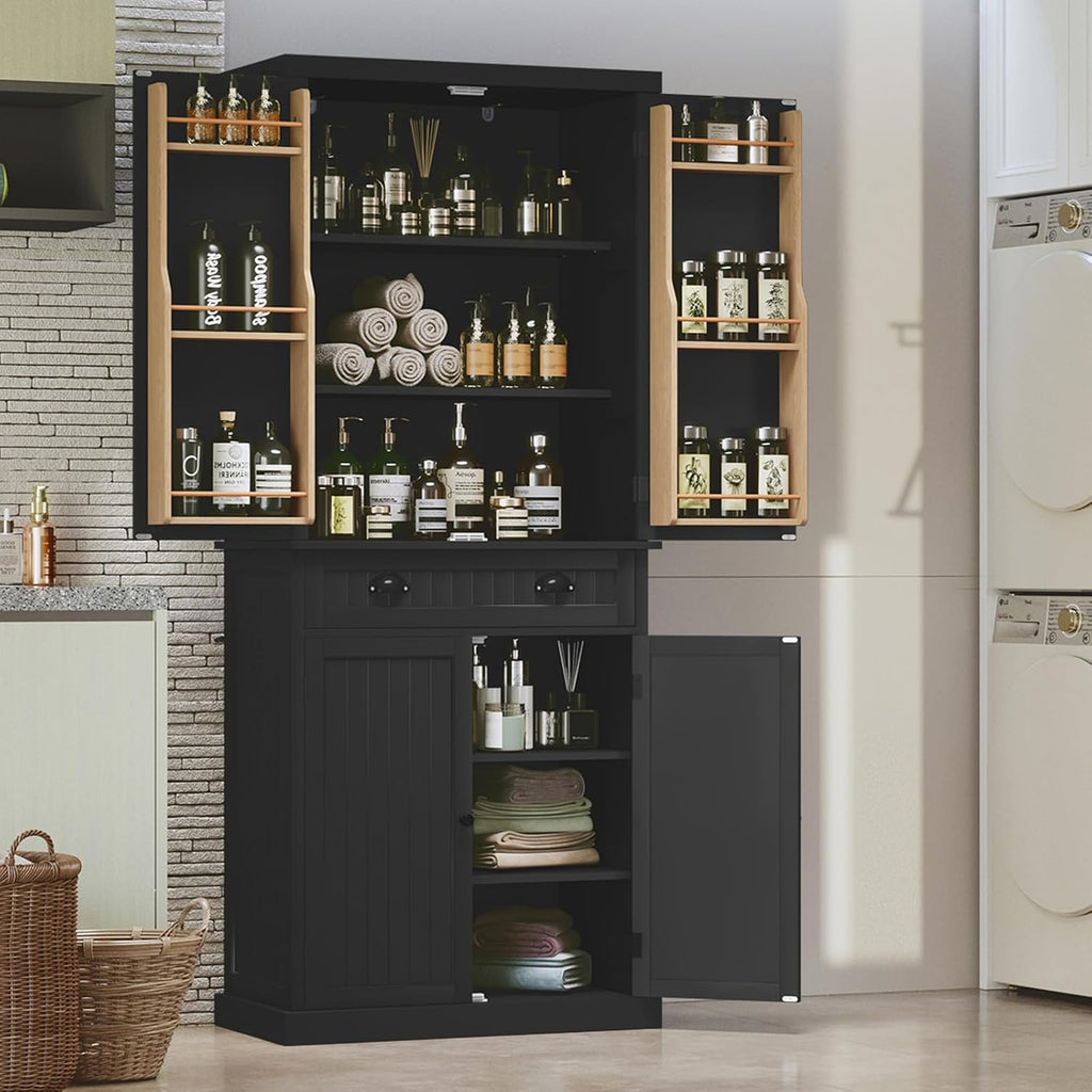 ARTPOWER 72" Pantry Storage Cabinet with Drawer, Freestanding Tall Cupboard Storage Cabinet, Utility Pantry with Door Shelves and 2 Adjustable Shelves for Kitchen, Dining Room,Living Room, Black