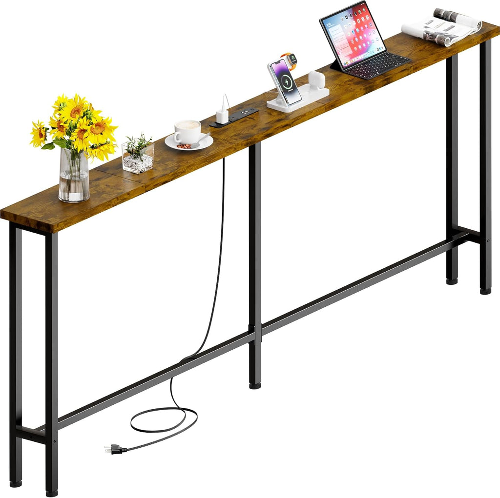 GRLEAF 78" Sofa Table with Built-in Power Strip (2 AC Outlets & 2 USB Ports) – 4.9ft Power Cord, Metal Frame, Easy Assembly, Long Couch Table Behind Sofa, Living Room and Home Office | Rustic Brown