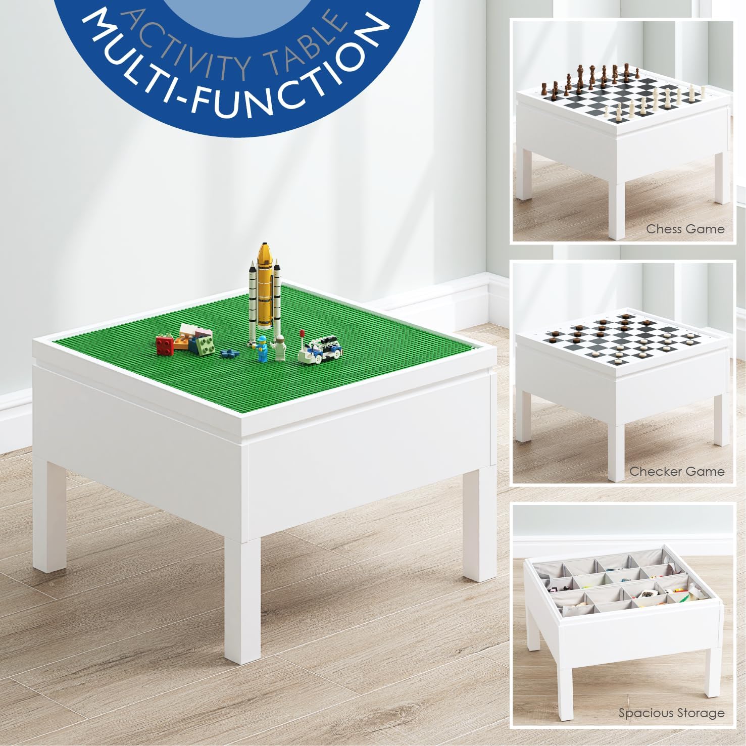 UTEX 3 in 1 Kids Activity Table with Storage, Kids Construction Play Table Compatible with Lego and Duplo Bricks, Chess Table for Building Block, Drawing, Crafts