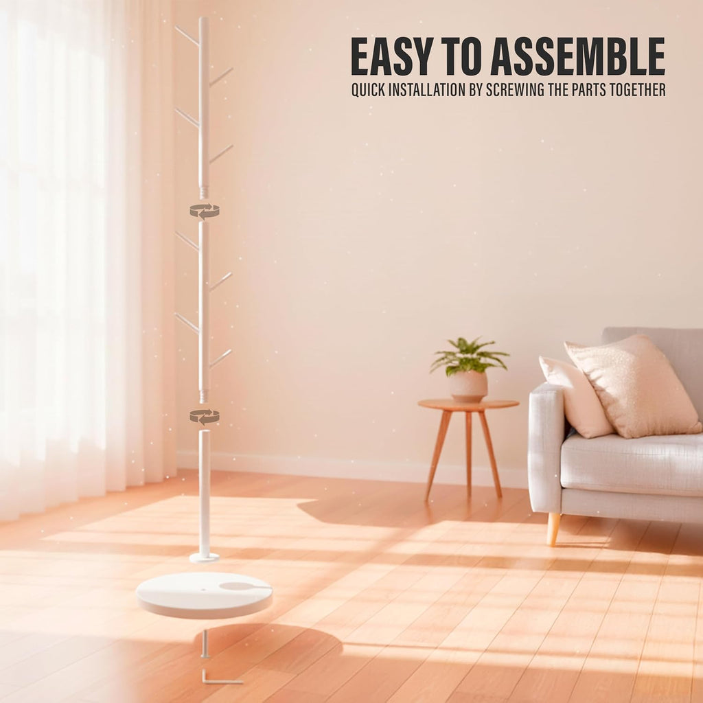 Coat Rack with Real Marble Base, Freestanding Metal Clothing Rack with 8 Hooks, Modern Hall Tree for Entryway, Bedroom & Office, Space Saving Coat Hanger Stand for Small Spaces (White)