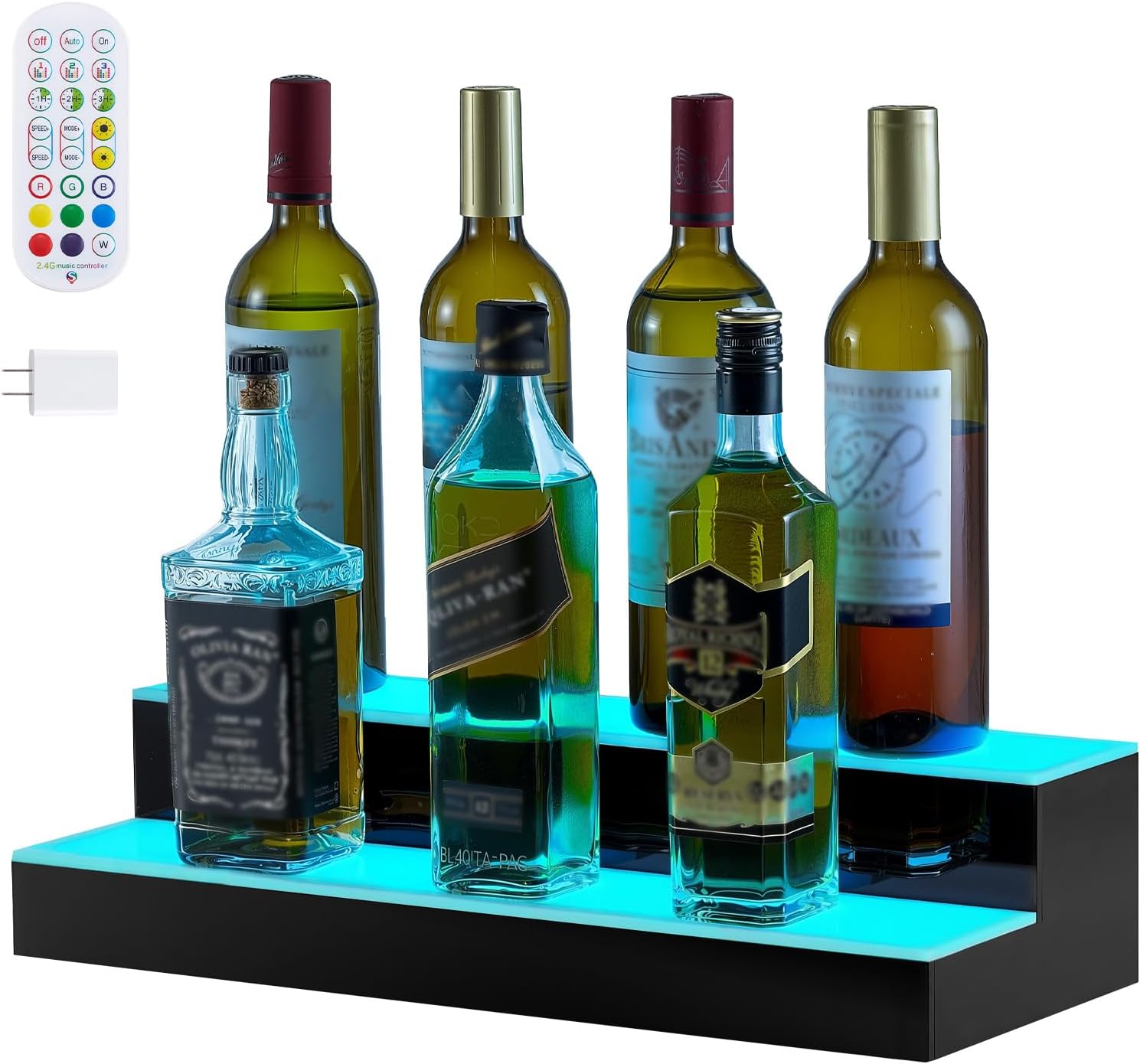 VEVOR LED Lighted Liquor Bottle Display, 2 Tiers 20 Inches Whiskey Rack, Supports USB, Illuminated Home Bar Shelf with RF Remote & App Control, 9 Static Colors, Acrylic Lighted Shelf for 10 Bottles