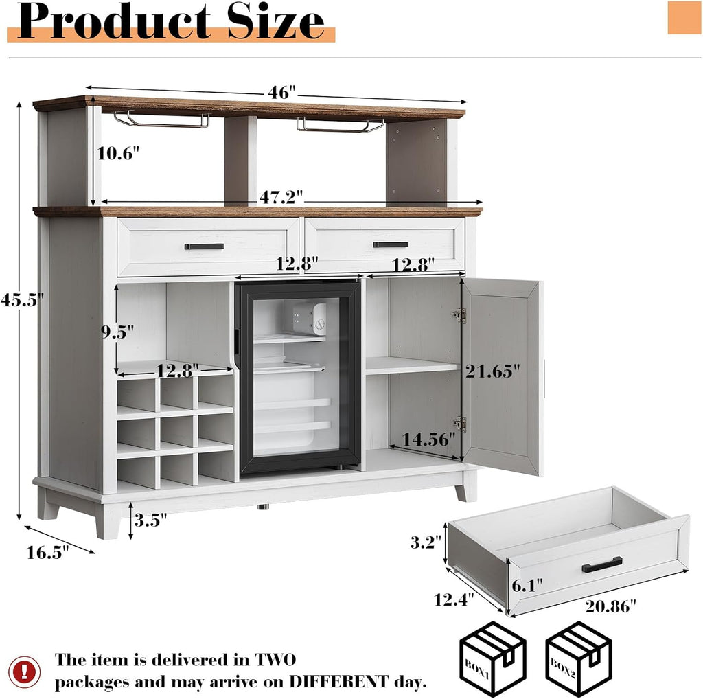 AMERLIFE 47" Farmhouse Coffee Bar Cabinet with 15" Refrigerator & Wine Rack & Glass Holder, Wine Cabinet with Storage Drawers & Open Shelves, Sideboard Buffet Cabinet for Dinging Room, Living Room
