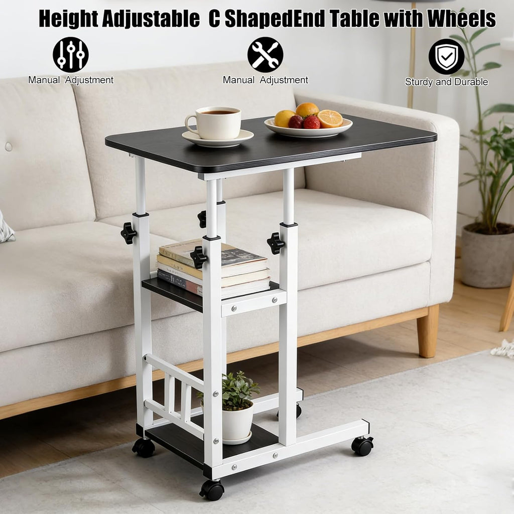 Adjustable C Table,Over Bed Table with Wheels,Rolling Side Table, Over Bed Table with Wheels, Bedside Table, for Sofa Side Small Space, Stable Multi Storage Desk, Black