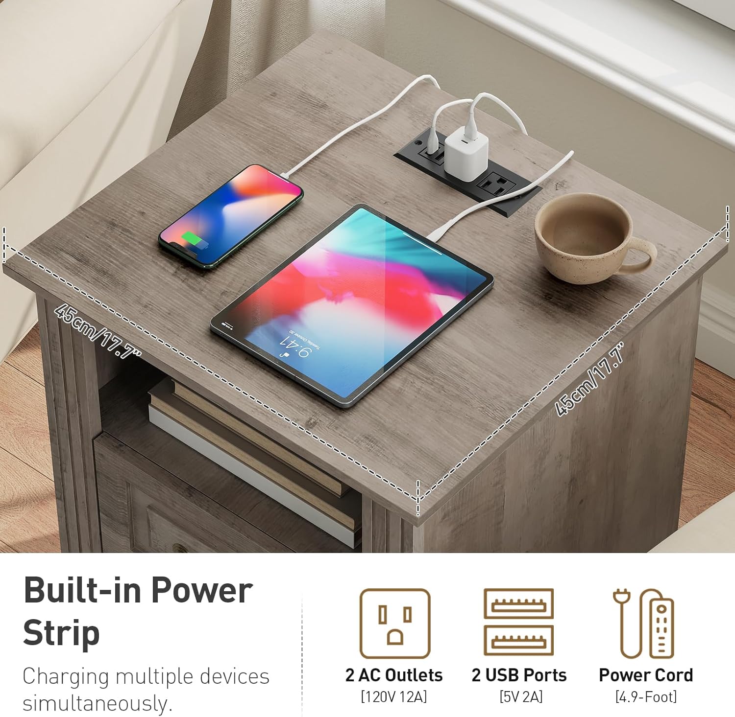 RALGEND Farmhouse End Table with 2 Drawers, Nightstand with Charging Station, End Tables Living Room with LED Lights, Bedside Table for Bedroom, Living Room, Greige