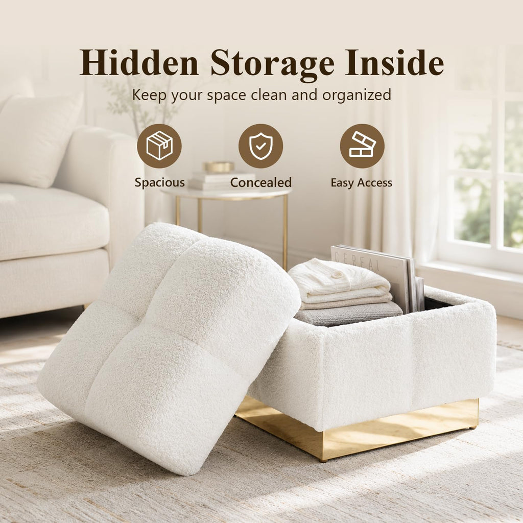 Boucle Storage Ottoman Stool, Modern Vanity Stool with Biscuit Tufting and Gold Stainless Steel Base, Square Ottoman Foot Stool for Living Room, Bedroom, Entryway, White