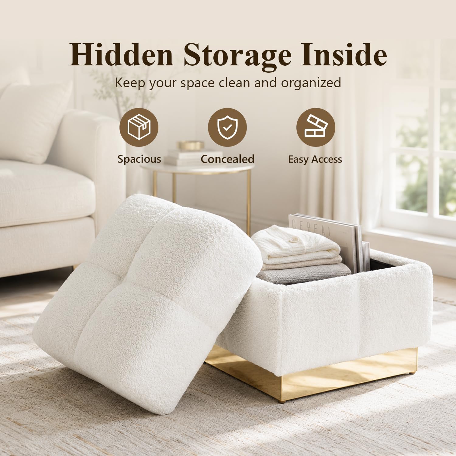 Boucle Storage Ottoman Stool, Modern Vanity Stool with Biscuit Tufting and Gold Stainless Steel Base, Square Ottoman Foot Stool for Living Room, Bedroom, Entryway, White