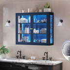 Bathroom Wall Cabinet with 13-Color Light, Wall Mounted 3-Sided Glass Display Cabinet with Adjustable Shelves, Floating Metal Medicine Storage Cabinet for Kitchen Living Room - Blue