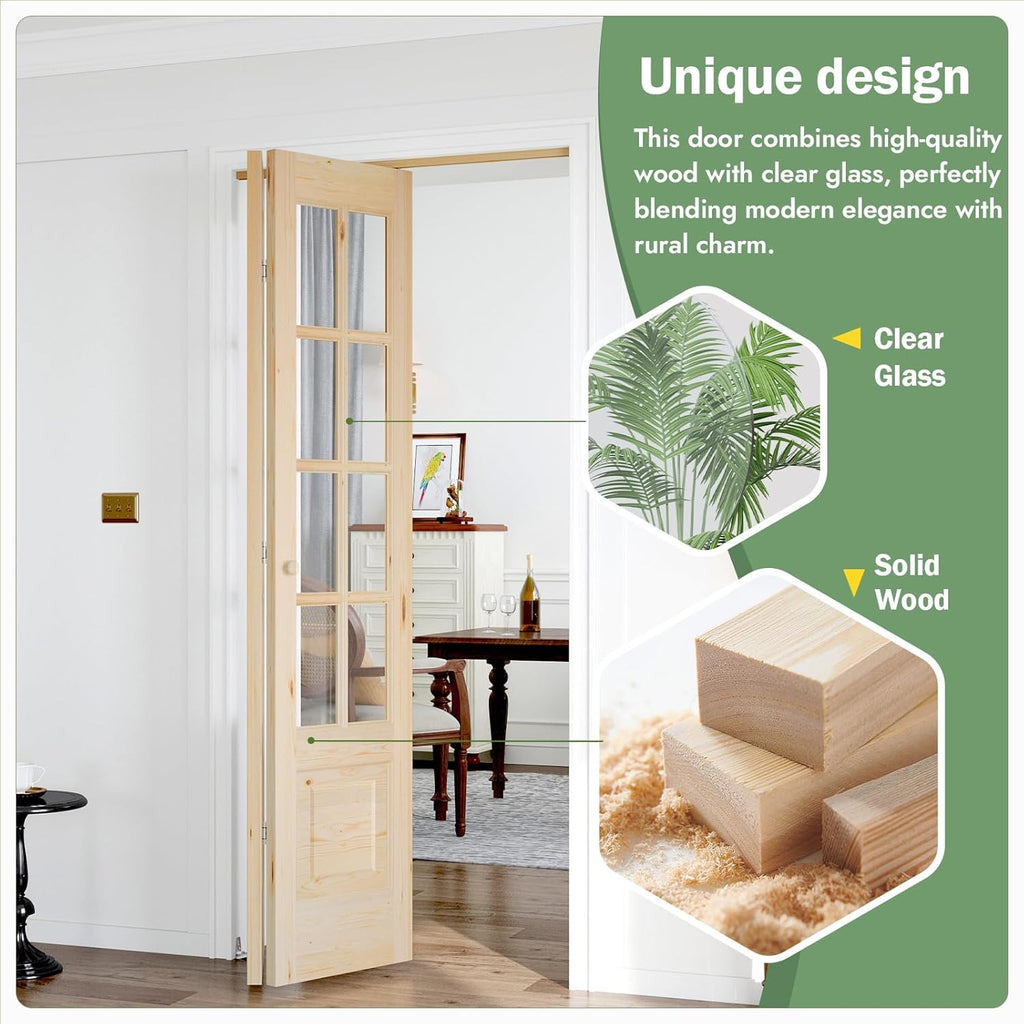 Bifold Doors for 42"×80"(Double 21inx80in) Opening, Clear Glass French Interior Folding Barn Door with Concealed Hardware Kit Included, Support DIY Dyeing, Preassembled Door, Save Space