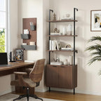 Halitaa Set of 2 Walnut & Black Ladder Shelf with Storage Cabinet, Modern Ladder Bookshelf with Doors, Wall Mount Bookcase with Metal Frame, Display Shelves for Living/Bed/Bathroom, Home Office