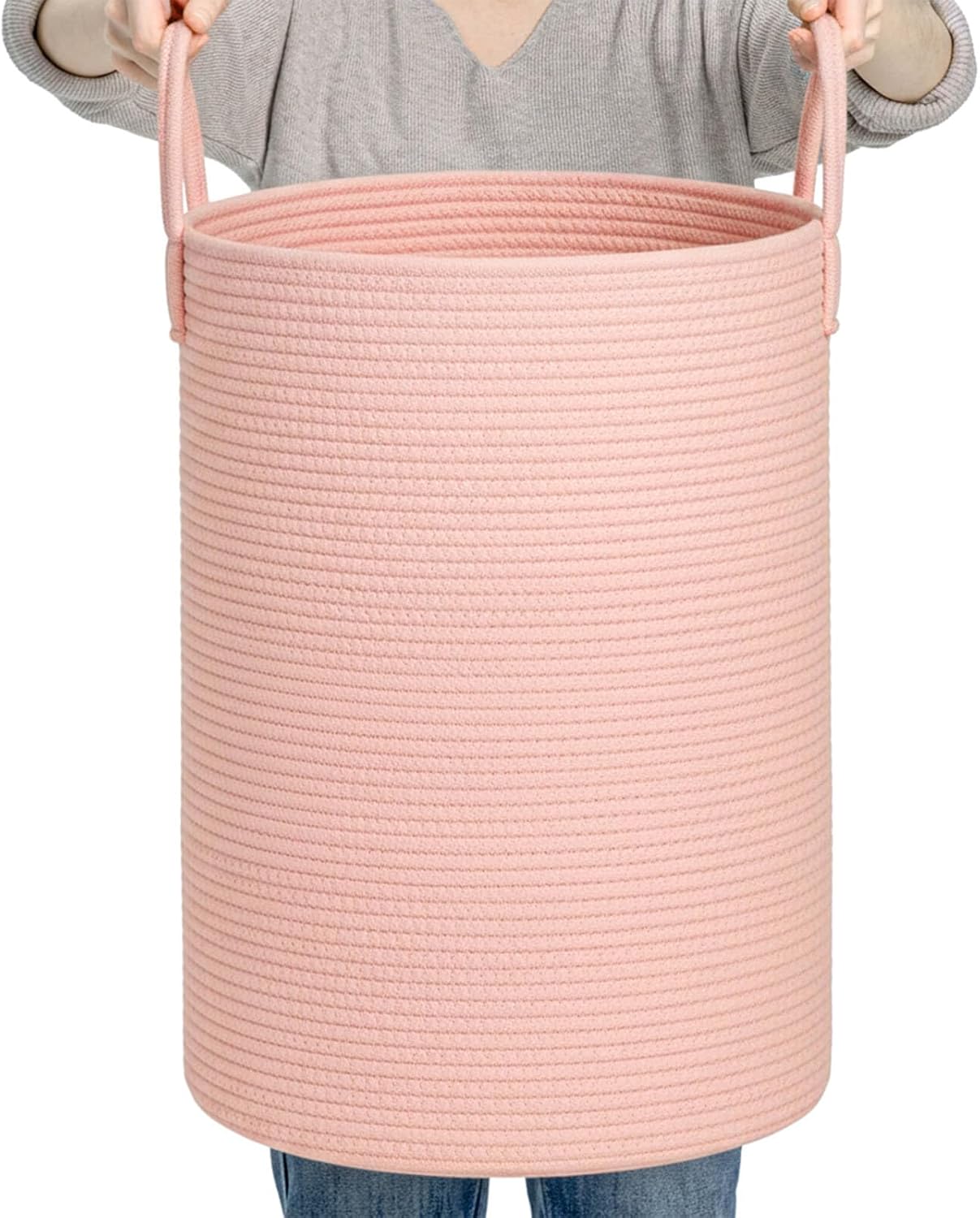 CLHMILY&Z Laundry Hamper Round Storage Rope Basket in Living Room, Bedroom, Laundry Room for Toy, Clothes, Blanket, Pillow (Pink, 60L)