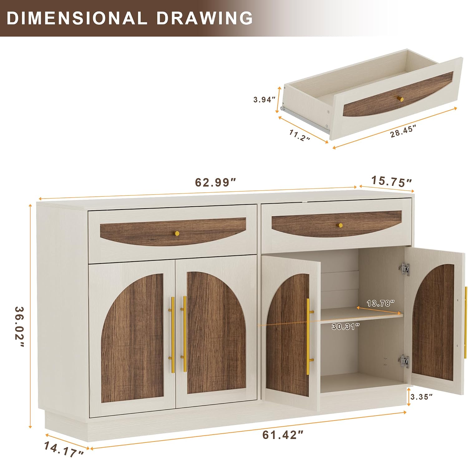 63'' Arched Door Sideboard Buffet Cabinet with Drawers, White and Natural | Modern Farmhouse, Two-tone, Removable Shelves, Metal Handle, Large Storage Space, Wooden Storage Cabinet, Coffee Bar Station